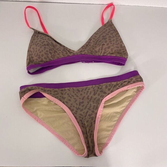 Sundry Brown Leopard Print with Pink and Purple Outlining Bikini Swimsuit - Picture 1 of 4